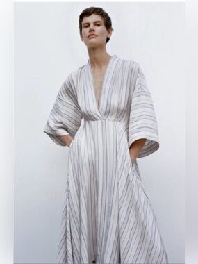 CO Collection Striped Midi Dress XL Blue White Linen Blend Deep V High-Low Hem